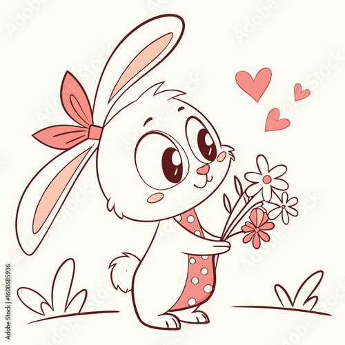 Cute cartoon rabbit holding a carrot in a happy spring illustration