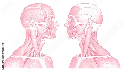 Two anatomical illustrations of the head and neck musculature in profile view, facing each other