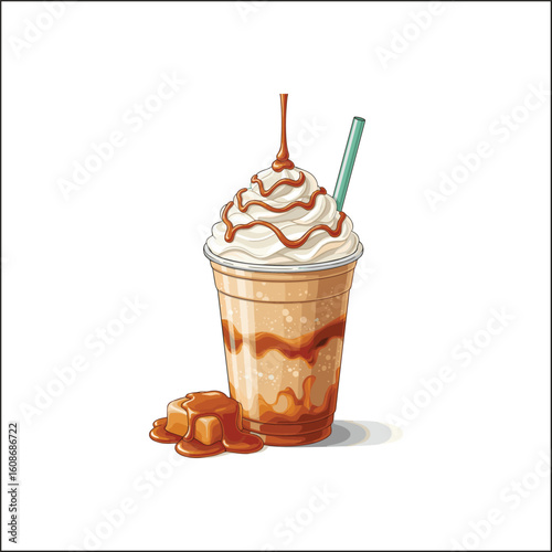 Refreshing caramel Frappuccino in clear plastic cup topped with whipped cream.