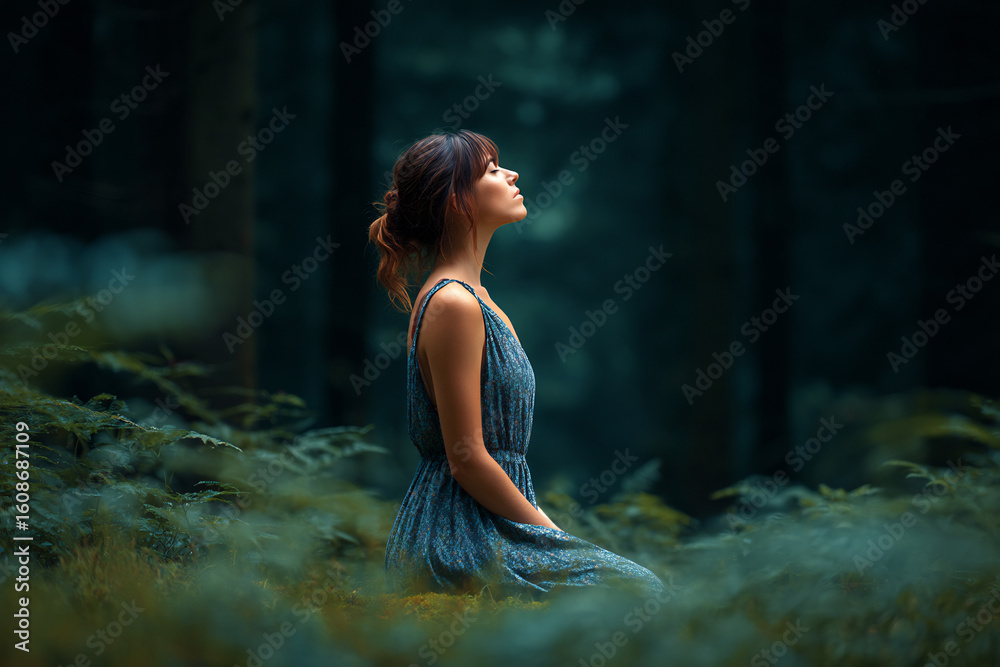 Fototapeta premium woman breathing deeply in peaceful forest nature