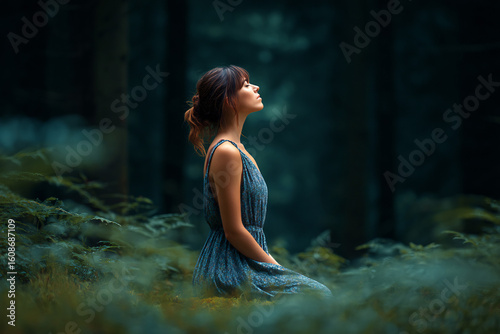 woman breathing deeply in peaceful forest nature