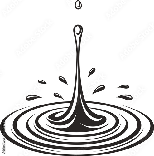 Black ink splash with water ripples and droplets in a stylized graphic liquid