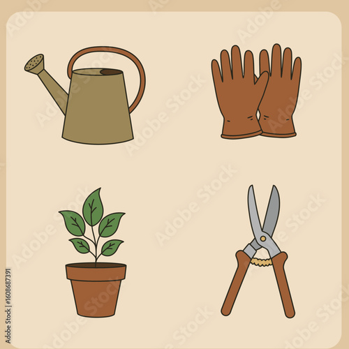 Gardening tools illustration with watering can gloves plant and shears