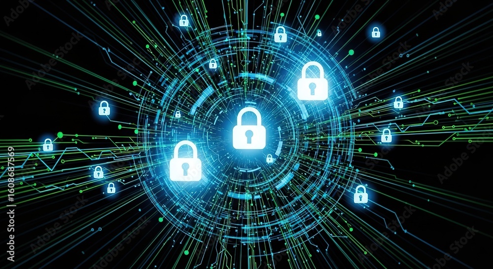 Obraz premium Digital illustration showing padlocks with glowing lines suggesting network security.