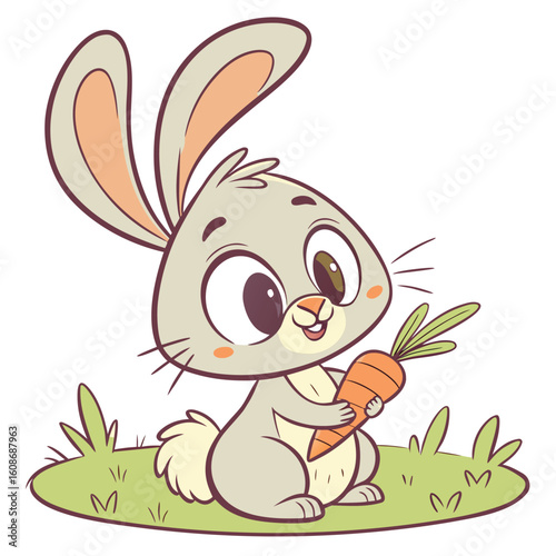 Cute cartoon rabbit holding a carrot in a happy spring illustration