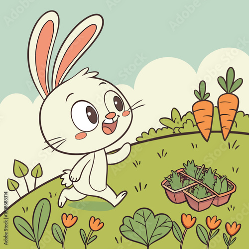 Cute cartoon rabbit holding a carrot in a happy spring illustration