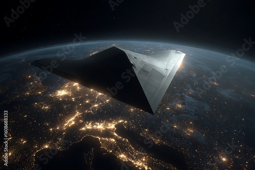 **3D Cinematic Illustration Of A Stealth-Style Satellite Above The Dark Side Of Earth, With Just The Soft Glow Of City Lights Forming Intricate Web Patterns Below. The Satellite Is Triangular And Flat