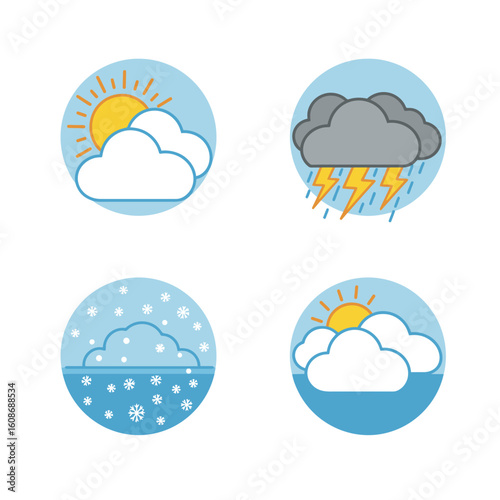 Weather Icons Set Representing Sunny Rainy Snowy and Partly Cloudy Weather