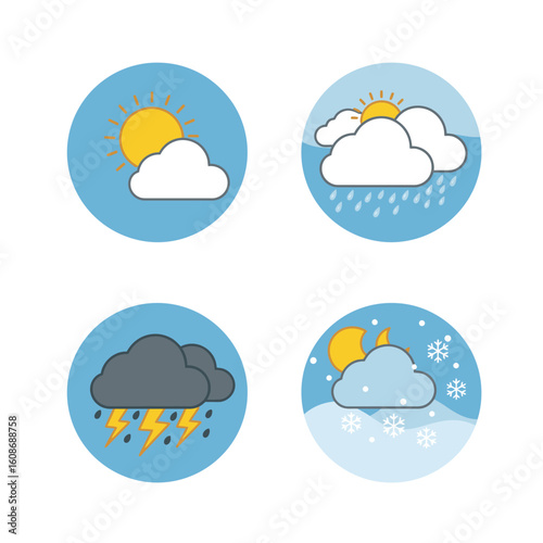 Weather condition icons set including sunny rainy stormy and snowy weather