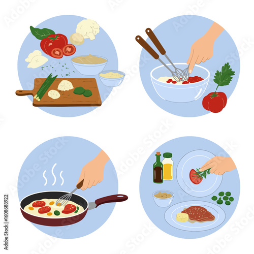 Cooking Process Illustration Showing Food Preparation Steps and Plating the Final Dish