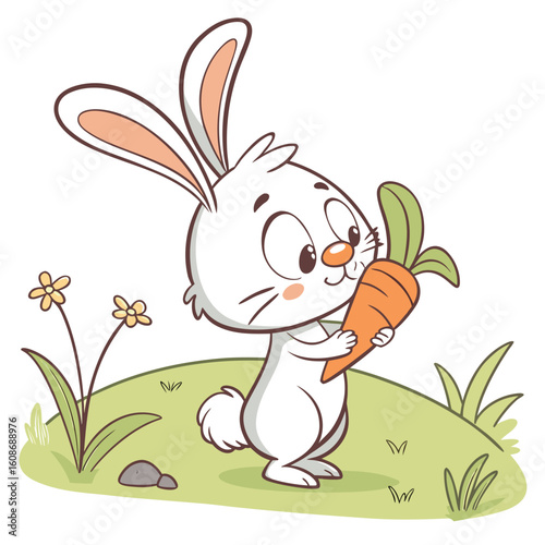 Cute cartoon rabbit holding a carrot in a happy spring illustration