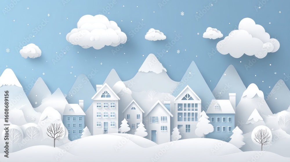 Fototapeta premium Whimsical winter townscape with snowy houses, mountains, clouds, in a paper-cut style