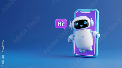 Adorable 3D chatbot character popping out of smartphone with a chat bubble saying Hi!