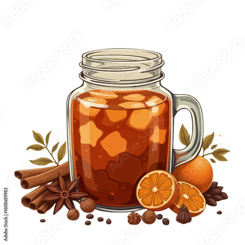 A delicious homemade spiced iced tea in a glass mason jar, garnished with orange slices, cinnamon sticks, and star anise illustration.