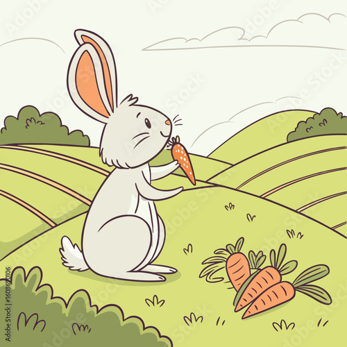 Cute cartoon rabbit holding a carrot in a happy spring illustration