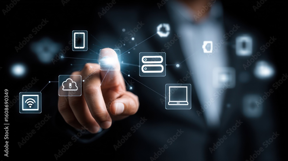 Fototapeta premium A man touches digital icons that glow with light against a blurred black background