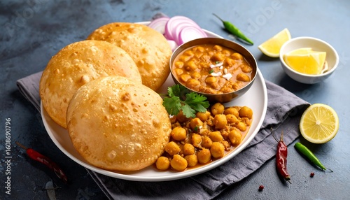 A plate of Indian food featuring crispy puri and chickpea curry
