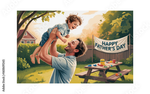 Father lifting laughing child outdoors with happy fathers day banner vector