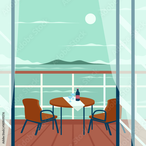 A peaceful setup of two chairs and a table on a cruise ship balcony, overlooking the ocean with a bottle of wine.
