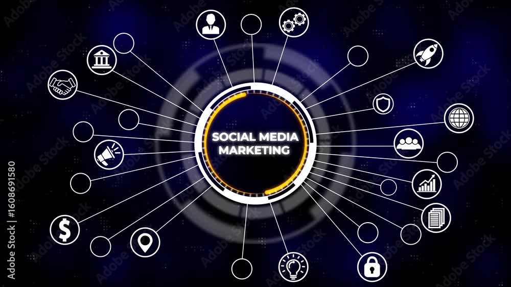 Business, Technology, Internet and network concept. SMM Social Media Marketing. Hi tech motion graphic background, white flickering dots on background.