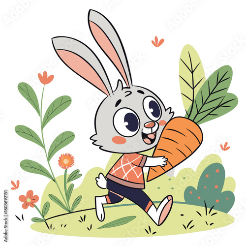 Cute cartoon rabbit holding a carrot in a happy spring illustration