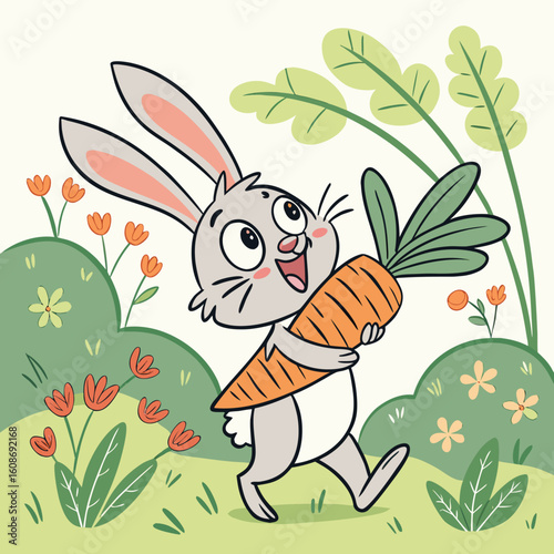 Cute cartoon rabbit holding a carrot in a happy spring illustration