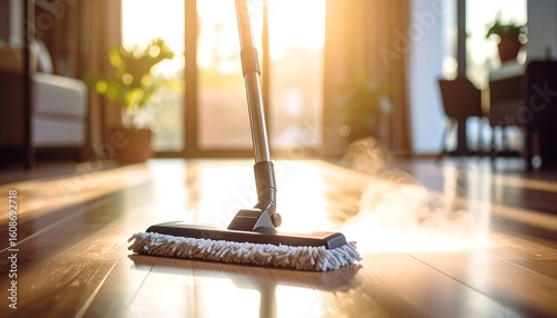 Wallpaper Mural Steam mop cleaning hardwood floor in sunlit room Torontodigital.ca