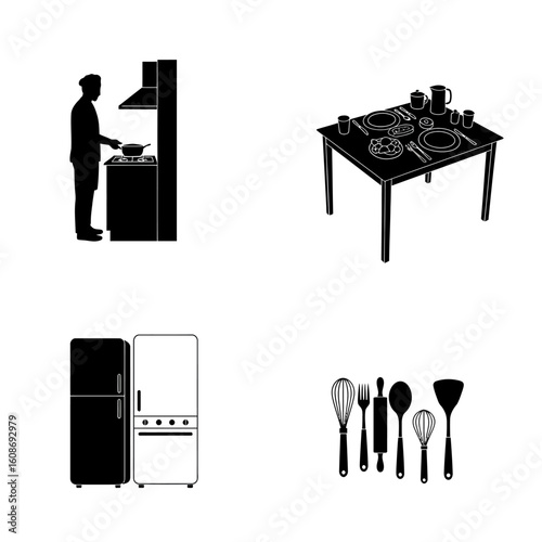 Kitchen Scene with Cooking Dining Appliances and Utensils in Black and White