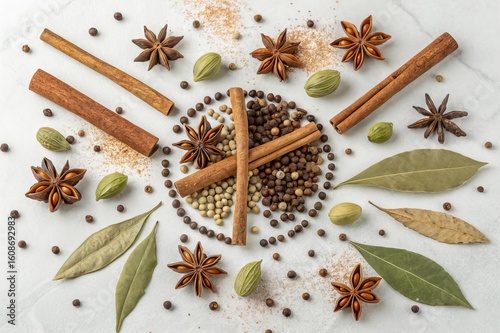 Garam Masala Raw Ingredients Arranged in Starburst on White