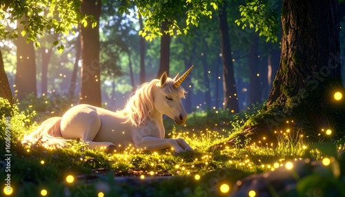 Fototapeta Naklejka Na Ścianę i Meble -  Majestic unicorn resting in a sunlit forest