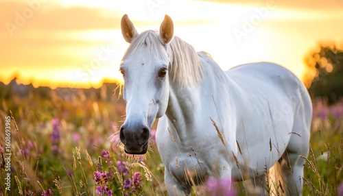 White horse in a field of wildflowers at sunset