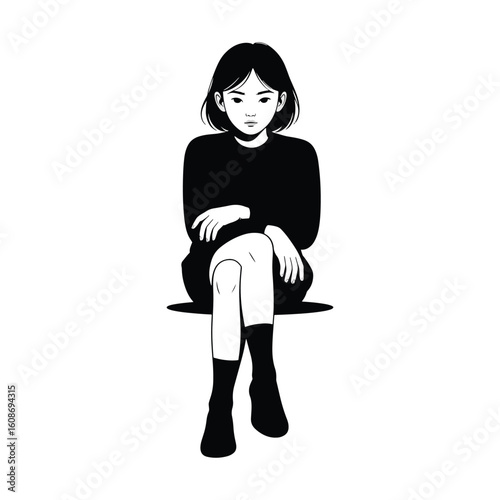 Minimalist girl in a black dress sitting with legs crossed, reflecting calm and introspective mood. Vector illustration design.