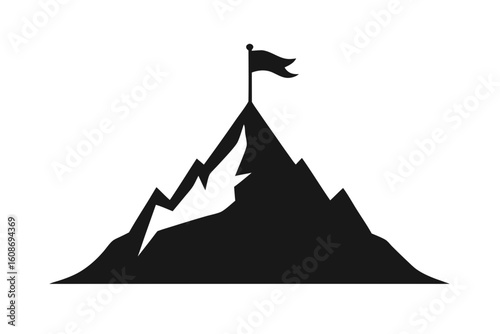 Black silhouette of mountain peak with flag on white background