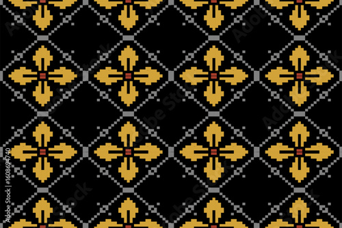 Luxurious pixel floral pattern with golden four-petal motifs in diamond grids on black. Perfect for premium textiles, embroidery, gift wrap, fashion prints, and digital designs.