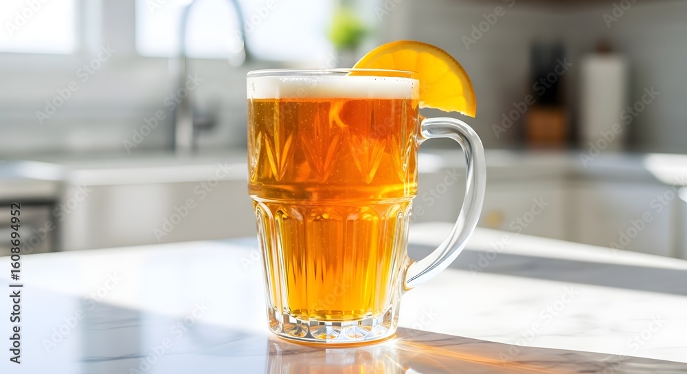 Refreshing amber beer in a glass mug with orange slice and foam, served in a bright kitchen. Refreshing amber beer in a glass mug with orange slice and foam, served in a bright kitchen.