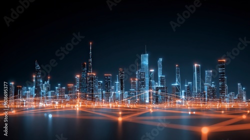A city skyline at night with glowing neon network lines linking buildings, digital connectivity concept