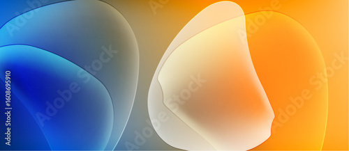 Abstract fluid shapes blend blue, gray, orange hues. Smooth gradients create soft visual texture. Minimalist design evokes calm atmosphere.