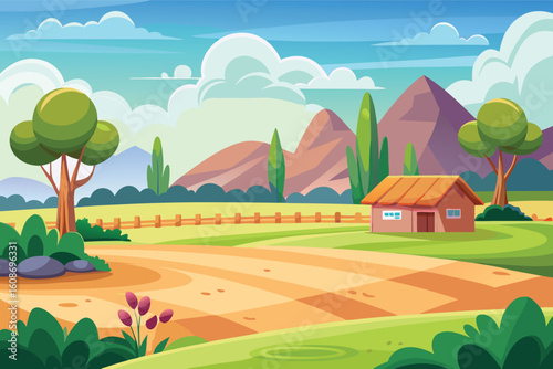 Vibrant rural landscape with farmhouse and rolling hills