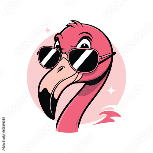 Stylish flamingo with shades and a smirk in retro pink color tones and circular layout. Vector illustration design.
