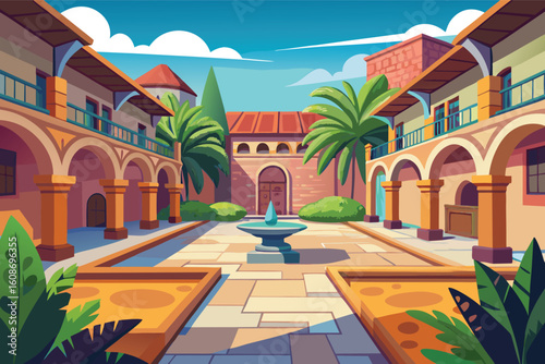 Vibrant courtyard with fountain and arches