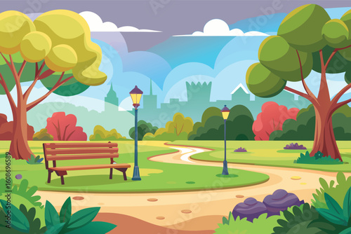 Vibrant city park scene with winding paths and autumn trees