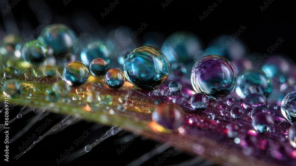 Naklejka premium Macro Photography of Dewdrops on a Leaf