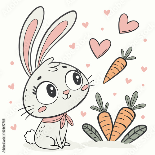 Cute cartoon rabbit holding a carrot in a happy spring illustration