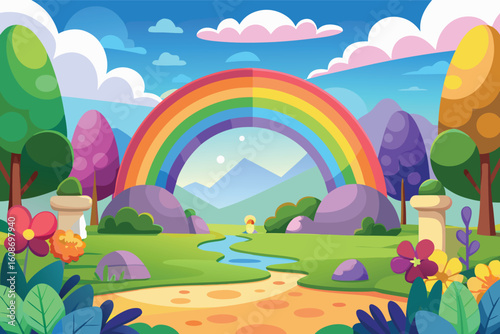 Magical rainbow landscape with lush scenery and flowers