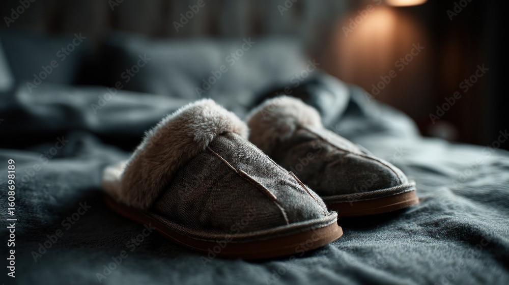 Cozy Grey Slippers on a Bed Cozy Grey Slippers on a Bed