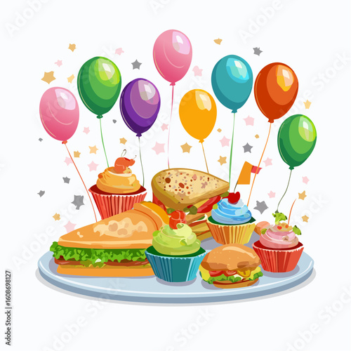 A delightful assortment of party food including sandwiches cupcakes and a hamburger arranged on a plate surrounded by colorful balloons and confetti
