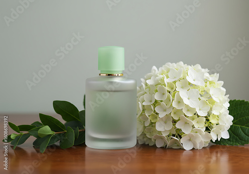 Green perfume and white hydrangea still life, conveying freshness and elegance for a beauty product advertisement.

