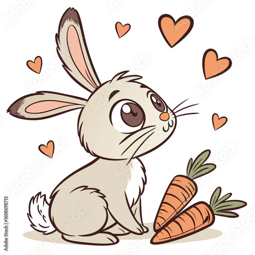 Cute cartoon rabbit holding a carrot in a happy spring illustration