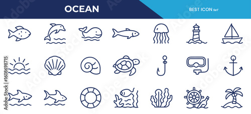 Ocean Line Icons Pack – Minimalist & Creative Vector Icons Featuring Marine Life, Nautical Elements, and Sea-Themed Designs