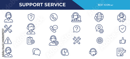 Support Service Line Icons – Help Desk, Technical Assistance, Customer Care & Communication Vector Set